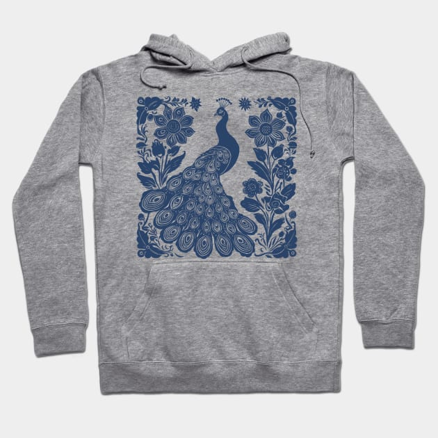 Peacock Folk Art Block Print Navy Blue Hoodie by craftydesigns